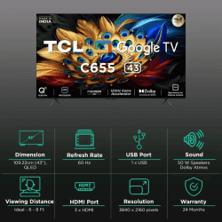 TCL C655 QLED TV 4K Ultra HD Smart Google TV | 108 cm (43 inch) | Dolby Vision Atmos | 43C655