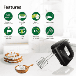 Philips 300 Watt Lightweight Hand Mixer Blender with 5 speed control settings | Black | HR3705/10