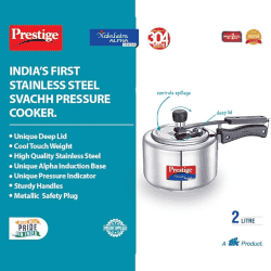 Prestige Svachh Nakshatra  Alpha Pressure Cooker | 2L | Stainless Steel | Deep Lid for Spillage Control | Silver | 20244