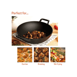Meyer Pre Seasoned Cast Iron shallow Kadai | 30cm | Glass Lid | 48186 C