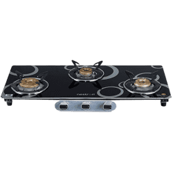 Nestron Nuclea 3 Burner | High Powered Brass Burner Gas Stove | Cooktop with Glass Top and Stainless Steel Body