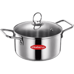 BlueBerrys 22 cm Stainless Steel Hotpot Stock Pan with 3 ply Base Sandwich Bottom | Glass Lid | Induction Base Pot 22 cm diameter | 4 L capacity | Stainless Steel | Non-stick