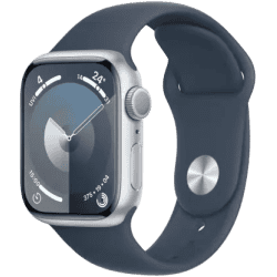 Apple Watch Series 9 | GPS 41mm Silver Aluminium Case with Storm Blue Sport Band | Silver Strap