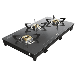 Preethi Luxe Glass Top Gas Stove | 3 Burner | With Driptray Less Infinity Design | Black