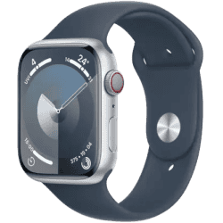 Apple Watch Series 9 | GPS + Cellular 45mm Silver Case & Storm Blue Sport Band | Silver Strap