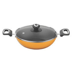 ‎Preethi Dura Collection Non Stick Kadai with Glass Lid | 24 cm | Turmeric Yellow