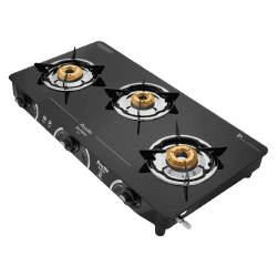Preethi Zeal glass top 3 burner gas stove | Manual Ignition | Black | GTS124