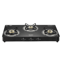 Prestige Royale Plus GT 03L Toughened Black Glass Top Gas Stove | 3 Brass Burners | Black