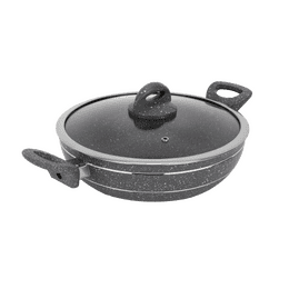 Royalford Smart Granite Wok Pan | Glass Lid | 26 Cm | Grey | RF11966