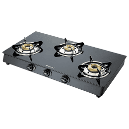 Bajaj 3BR GP6 Glass Top Gas Stove | Heavy Brass Burner For Superior Performance | 3 Burner | Black