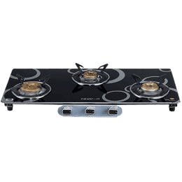 Nestron Nuclea 3 Burner | High Powered Brass Burner Gas Stove | Cooktop with Glass Top and Stainless Steel Body