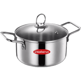 BlueBerrys 22 cm Stainless Steel Hotpot Stock Pan with 3 ply Base Sandwich Bottom | Glass Lid | Induction Base Pot 22 cm diameter | 4 L capacity | Stainless Steel | Non-stick