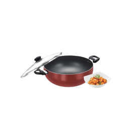 Prestige omega deluxe aluminium non stick round base deep kadai | Glass lid | 28 cm | Red