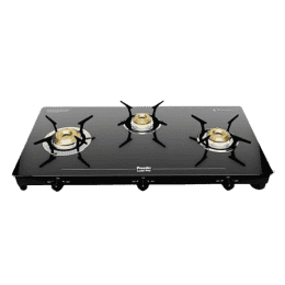 Preethi Luxe Pro Glass Top Gas Stove | Driptray Less Infinity Design Jumbo Burner | 3 Burner | Black