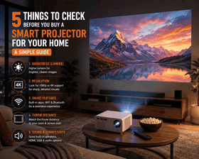 Smart projector for home displaying a large HD movie screen in a modern living room.