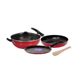 Blueberry’s Premium Nonstick Kadai Tawa Fry Pan Combo | Kitchen Cookware Set Combo with Glass Lid | Red