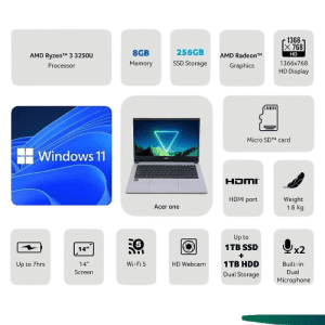 Acer One 14 Laptop | AMD Ryzen 3 | 3250U Processor | 8GB | 256 GB | AMD Radeon Graphics | Silver | UN.31USI.00A