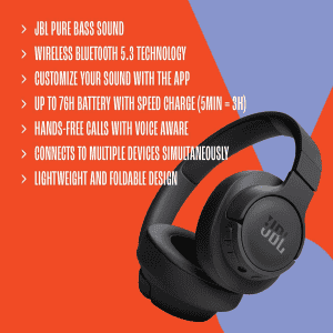JBL Tune 720BT Wireless Over Ear Headphones | Dual Pairing | Bluetooth 5.3 | Blue | JBLT720BTBLU
