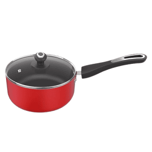‎Preethi | Dura Collection Non Stick Milk Pan | 16 cm | Glass Lid | Gas | Induction Compatible | Non Stick Effect | 5 star | Chilly Red