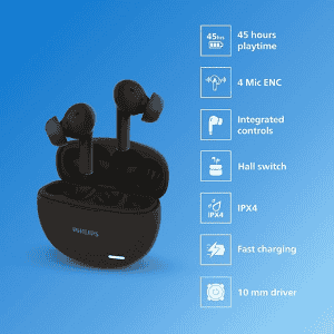 PHILIPS Audio True Wireless in Ear Earbuds | Pocket Sized Charging Case | Play Time Upto 45Hrs | 10mm Dynamic Drivers | Inbuilt Mic |  IPX4 Splash | Sweat Resistant |Black | TAT1179BK/94