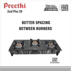 Preethi Zeal Plus Glass Manual Gas Stove | 3 Burners | Black | GTS409