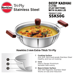 Hawkins Triply Stainless Steel Kadai with Glass Lid | 5 L | SSK50G