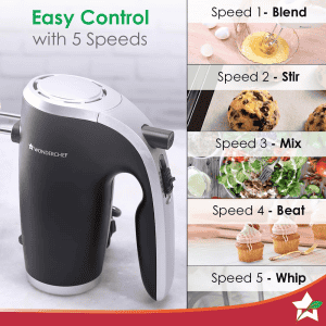 Wonderchef Onyx Electric Hand Mixer | 300W | 5 Speed |  Stainless Steel Whisk Beaters and Dough Hooks | Black & Steel