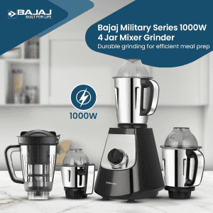 Bajaj Military Series Evoque Juicer Mixer Grinder | 1000 W | 4 Jars | Jet Black | 410630