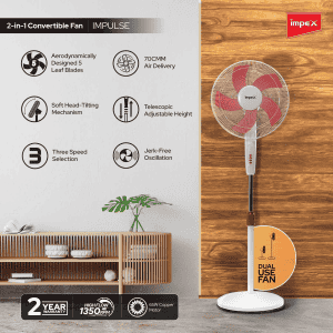 Impex Impulse Table pedestal 2 in 1 convertible fan | 400 mm | Red and White