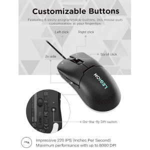 Lenovo Legion M300s RGB Gaming Mouse | 8000 DPI Adjustable Sensor | Black
