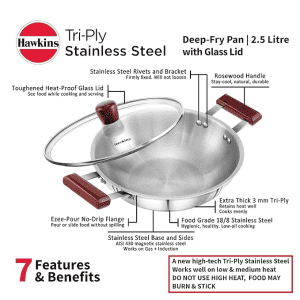 Hawkins Deep Fry Pan | 2.5 Litre | Triply Stainless Steel Kadai | Flat Bottom Induction Kadhai | Silver |  SSD25G