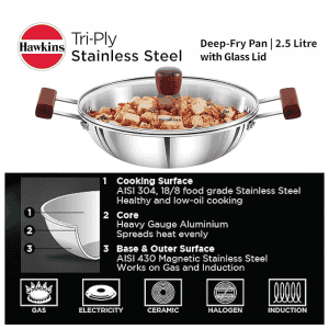 Hawkins Deep Fry Pan | 2.5 Litre | Triply Stainless Steel Kadai | Flat Bottom Induction Kadhai | Silver |  SSD25G