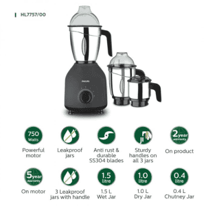 Philips PRO Mixer Grinder | 750 | 3 Jars | Silver Black | HL7757/00