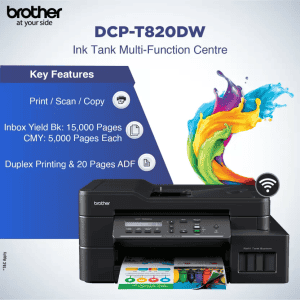 Brother Multi-function Ink Tank Printer |  WiFi & Auto Duplex Color | Black |  DCP-T820DW