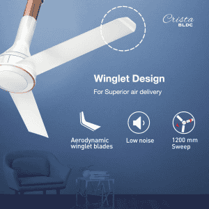 Havells Crista BLDC Motor Ceiling Fan | 1200 mm | Premium Finish with RF Remote | Low Noise 55dB | Pearl White Light Copper