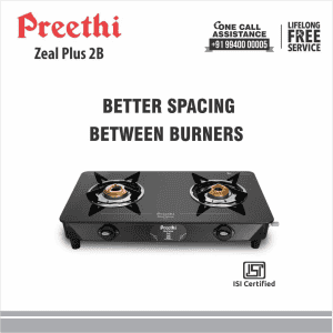Preethi Blu Flame Zeal Plus Glass Manual Gas Stove |  2 Burner | Black | GTS408