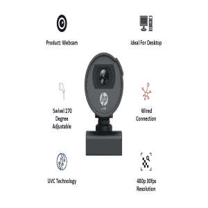HP w100 Digital Webcam | 480P 30 FPS  | Built in Mic | Black