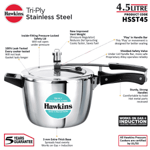 Hawkins Triply Stainless Steel Pressure Cooker | Inner Lid | 4.5 L | Silver