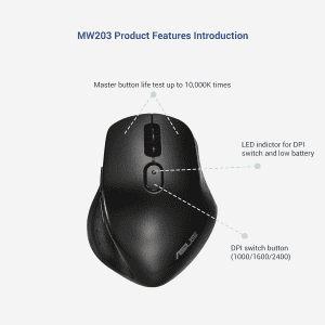 ASUS MW203 Multi Device Wireless Silent Mouse | 2.4GHz | 2400 DPI | Black