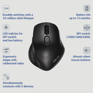 ASUS MW203 Multi Device Wireless Silent Mouse | 2.4GHz | 2400 DPI | Black