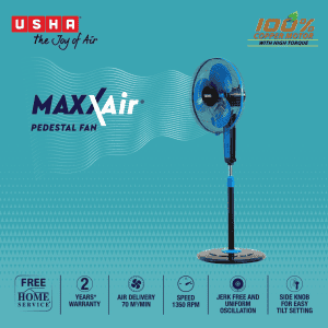 Usha Maxx Air Pedestal Fan | 400MM | with Remote | Blue Black