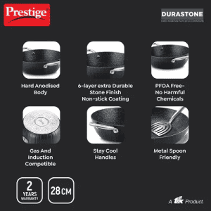 Prestige Durastone Hard Anodised 6 Layer Non Stick Kadai with Glass Lid | Black