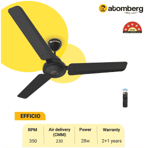 Atomberg Efficio Ceiling Fan | 1200 mm | 5 Star | BLDC Ceiling Fan with Remote Control | 3 Blade | Midnight Black