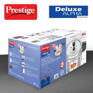 Prestige Deluxe Alpha Svachh Stainless Steel Deep Pan Pressure Cooker | 5 L | Unique Deep Lid which Controls Spillage | Silver | 20255