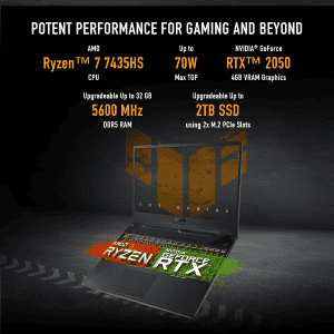 ASUS TUF A15 Gaming Laptop | AMD Ryzen 7 Octa Core 7435HS | 16 GB | 512 GB SSD | 4 GB Graphics NVIDIA GeForce RTX 2050 | Graphite Black | FA566NFR-HN259W