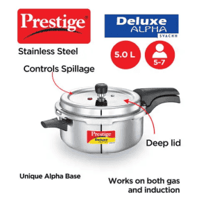 Prestige Deluxe Alpha Svachh Stainless Steel Deep Pan Pressure Cooker | 5 L | Unique Deep Lid which Controls Spillage | Silver | 20255