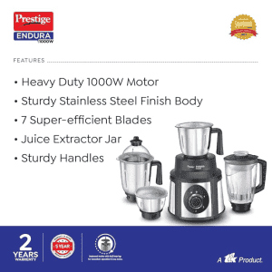 Prestige Endura Juicer Mixer Grinder | 1000 Watts | 4 Jars | Black, Silver