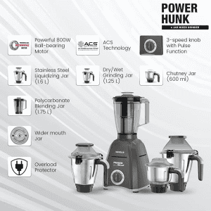 Havells Power Hunk Mixer Grinder | 800 watt | 4 Jars | Grey