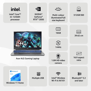 Acer ALG Gaming Laptop | Intel Core i5 12th Gen 12450H | NVIDIA GeForce RTX 2050 4GB | 16GB | 512GB SSD | Steel Gray | UN.34CSI.00V