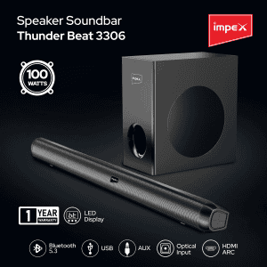 Impex Thunder Beat 3306 Soundbar with Subwoofer | 100W |  Bluetooth 5.3 | Wall Mountable | Black
